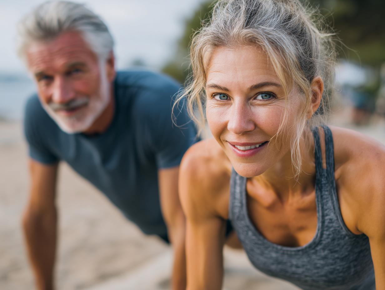 Žena stredného veku cvičí s činkami